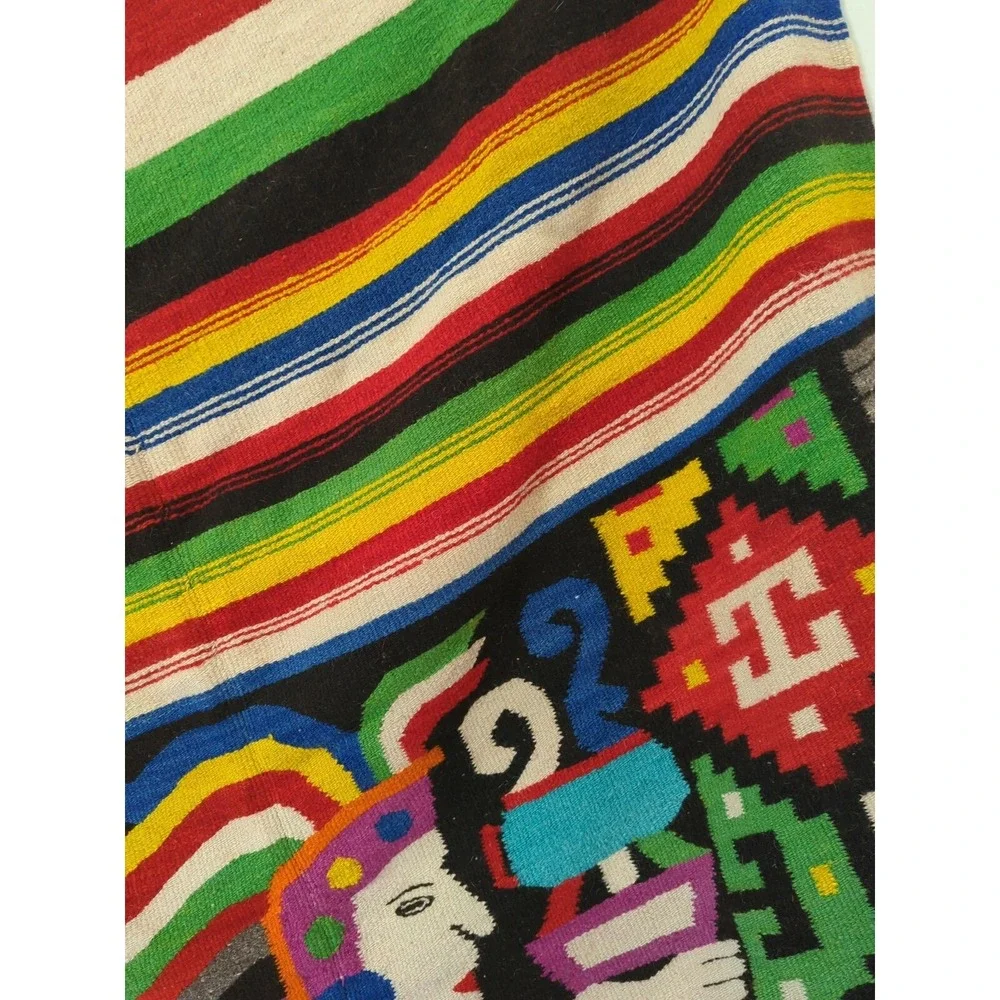VINTAGE 1960'S HAND‎ WOVEN MEXICO MULTICOLOR WOOL BLANKET